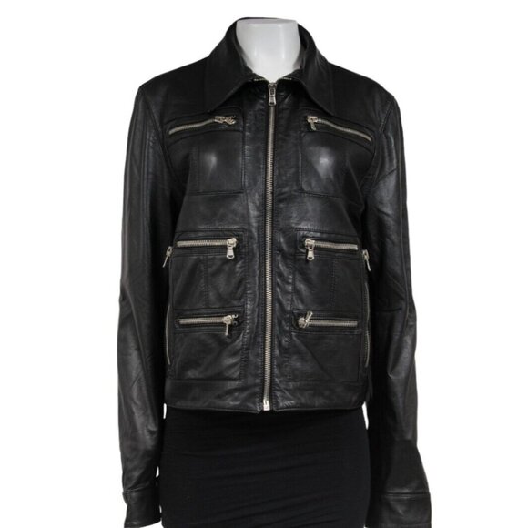 Dolce & Gabbana Womens Motorcyle Multi Pocket Leather Jacket Medium Black Biker - Picture 1 of 13